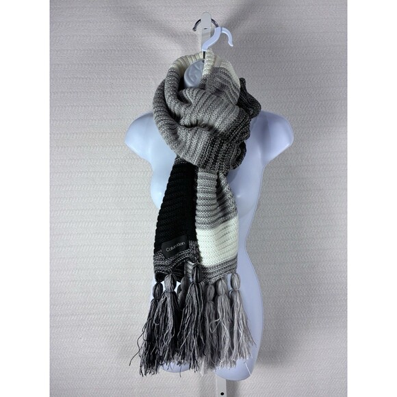Winter Knitted Thick Scarf Calvin Klein Tassels Black White Gray One Size - Picture 5 of 13